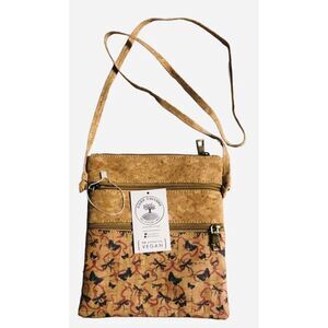 Cork Culture Vegan Boho Crossbody Bag Tan Butterfly Design Multi-Pockets NWT